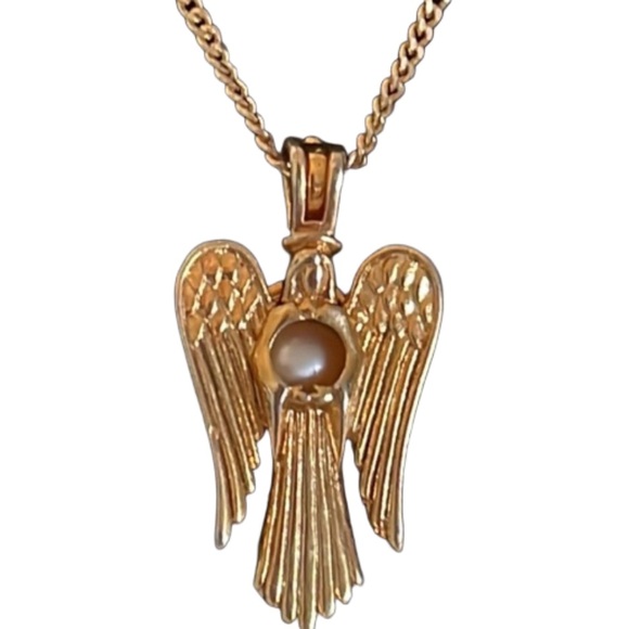 Make A Wish Angel on Earth gold plated & caged white pearl angel wish pendant - Picture 2 of 14
